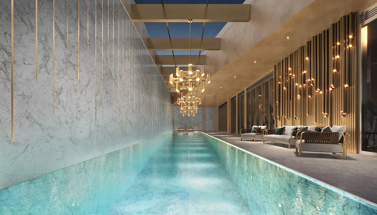 PERSPECTIVA ILUSTRADA DA PISCINA COBERTA AQUECIDA COM RAIA DE 25 METROS